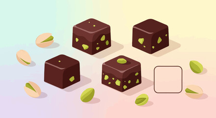 Delicious chocolate cubes with pistachios scattered around