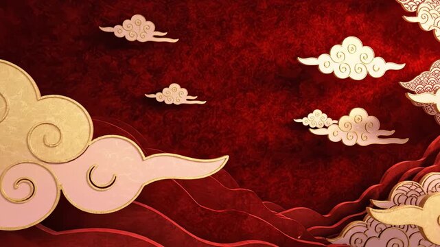 Chinese new year festival background red cloud pattern illustration gold decorative wave border luxury asian holiday celebration art lunar oriental culture tradition lucky golden cloud decoration