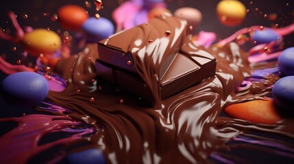 Delicious Chocolate Explosion with Colorful Spheres and Swirls.
