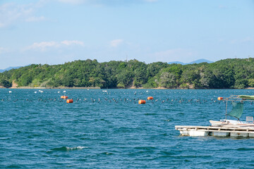 海産物養殖の筏が並ぶ英虞湾の入り江