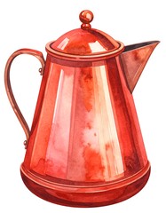Watercolor painting of a red-orange metal coffee pot with a curved handle and spout
