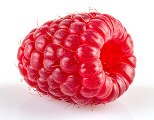 Close-up of a single, vibrant red raspberry with detailed texture, against bright white background