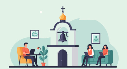 Naklejka premium Diverse individuals work on laptops near a bell tower with plants