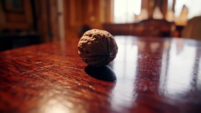 Elegant Walnut Still Life: A Close-Up of a Single Walnut on a Wooden Table