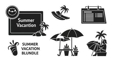 Black and white summer vacation icons and symbols bundle with palm trees and beach umbrellas on white background