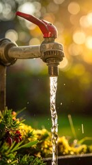 Water flows from faucet. Red handle. Sunlight illuminates blurred background. Flowers visible below