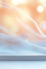 Fototapeta premium Dreamy translucent fabric waves in pastel peach and blue with sparkling particles, soft bokeh lights and a calm luminous display surface