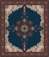Intricately patterned bordered rug; artistic decorative rug for rooms.