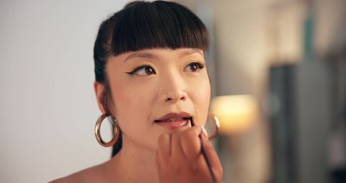 Preparation, model and people on set with makeup, cosmetics or application in behind the scenes. Start, process or beautician backstage with beauty treatment, makeover or getting ready for photoshoot