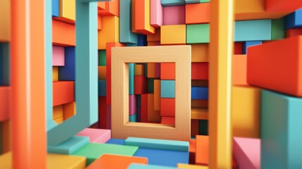 Abstract 3D Render of Colorful Geometric Blocks and Shapes.