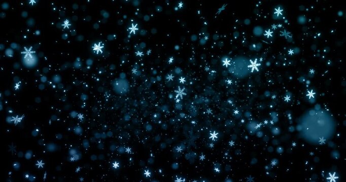 christmas snowflakes falling snow from top, winter holiday event on blue background,
