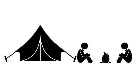 Stick figure camping beside warm campfire scene