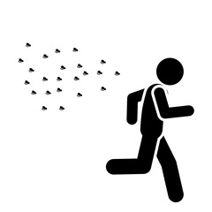 Running stick figure escaping from bee swarm