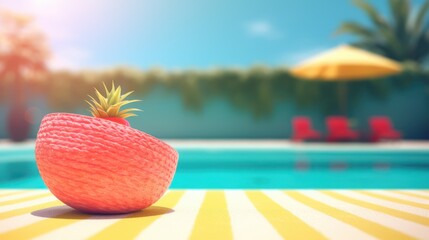 Tropical Pineapple in a Woven Basket by a Sunny Swimming Pool.