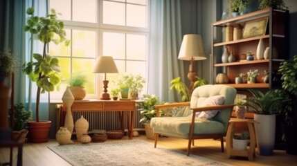Cozy Living Room Filled with Lush Green Plants and Natural Light.