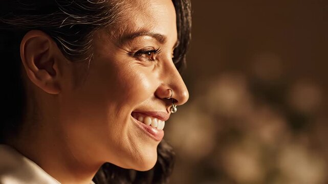 Closeup of a smiling woman with nose piercing