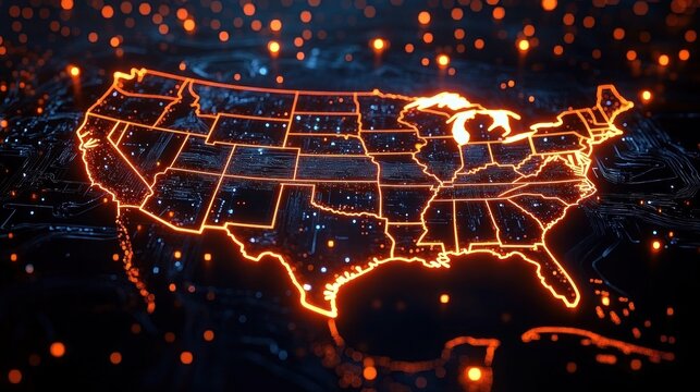 futuristic glowing neon map of the contiguous united states with state borders over a dark circuit board and illuminated orange data nodes conveying high-tech connectivity