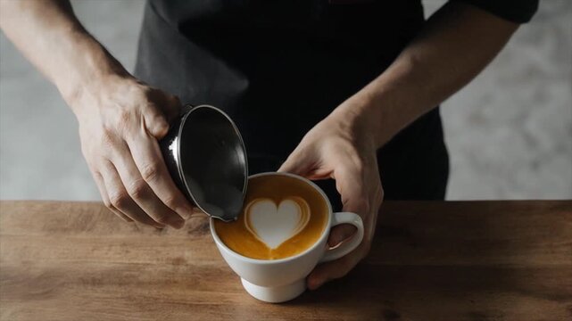 ラテアートでハートを描くカフェの作業風景