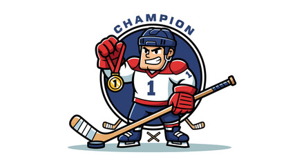 Fototapeta premium Cartoon hockey player holding gold medal, champion, vector illustration isolated on transparent background