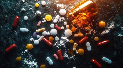 Spilled amber prescription bottle with scattered multicolored pills, capsules and powder on dark textured surface, dramatic lighting conveying chaos and urgency
