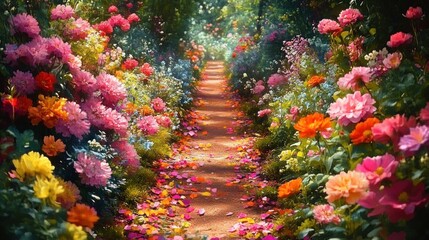 Fototapeta premium sun-dappled garden path lined with vibrant pink, orange, and yellow blooming flowers and scattered petals, evoking a peaceful, romantic, enchanting atmosphere