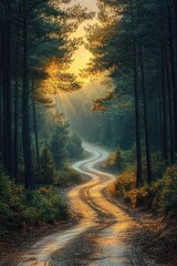 Obraz premium Winding dirt road through a pine forest bathed in golden sunlight rays and mist, a tranquil and mystical woodland scene with tall trees and warm serene atmosphere