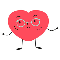 Cute cartoon heart character wearing glasses. Funny smiling mascot for Valentine's Day. Minimalist flat design