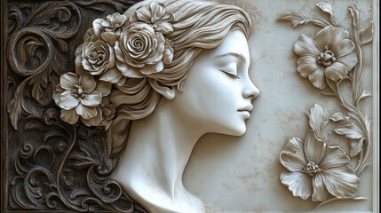 serene carved female profile bas-relief with flowing floral hair, ornate scrollwork and botanical relief on textured plaster panel