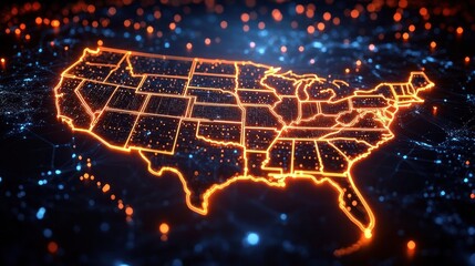 glowing neon map of the contiguous united states with state borders over a dark digital network, vibrant futuristic and connected energy