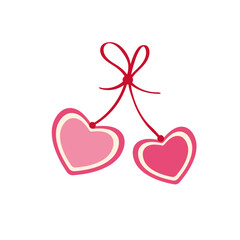 Two decorative pink hearts hanging from a red ribbon bow, vector illustration. Simple flat design perfect for Valentine's Day, weddings, and love-themed projects