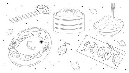 Chinese food coloring page illustration with dumplings, fish, and rice. Asian cuisine line art set for kids and adults. Ideal for creative and educational activities