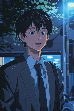 young Japanese office worker, early 20s, short black hair, slightly tired expression, wearing a suit with loosened tie, standing indoors at night, introspective mood, clean anime style, cel shading