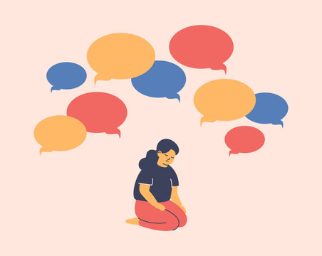 Sad school girl suffers from psychological abuse. Depressed child surrounded by big aggressive speech bubbles. Public censure and victim-blaming. Bullying concept. vector illustration