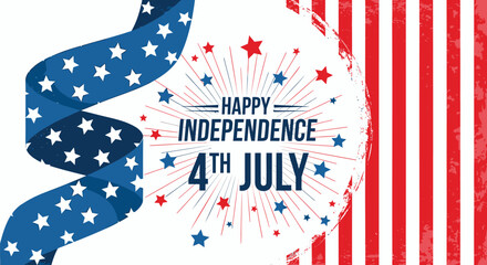Obraz premium Happy 4th of July Independence Day banner with American flag ribbon and stars, for website or social media