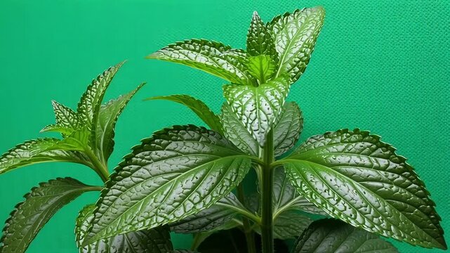 Fresh mint leaves on textured green background