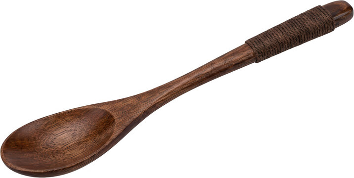A dark brown wooden spoon with a textured twine wrap around its handle and a smooth oval shaped bowl dark wood twine handle kitchen utensil cooking eating transparent background