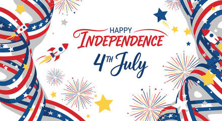 Obraz premium Happy Independence Day 4th July vector illustration with fireworks and ribbons, for banner or poster