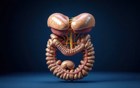 isolated 3d anatomical model of digestive organs with stomach, coiled small intestine, large intestine loop, mesenteric vessels and spinal nerves on dark blue background, clinical and educational