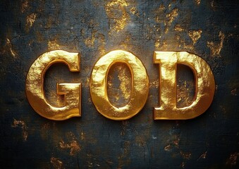shiny gold embossed letters spelling god on a dark textured wall with glowing gold leaf accents conveying reverence and majestic warmth
