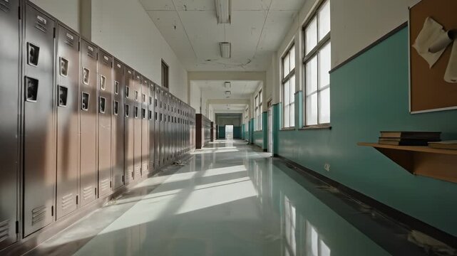 Long empty school hallway with lockers