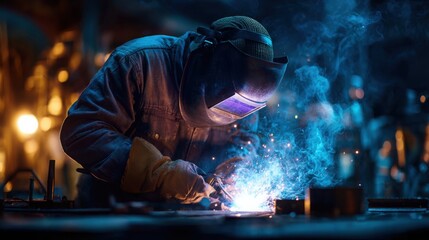 Close up of professional welder in protective helmet and gloves welding metal, creating bright sparks in industrial workshop environment.