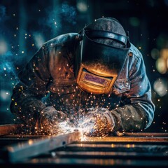 Close up of professional welder in protective helmet and gloves welding metal, creating bright sparks in industrial workshop environment.