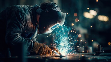 Close up of professional welder in protective helmet and gloves welding metal, creating bright sparks in industrial workshop environment.