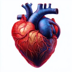 detailed lifelike anatomical heart with red myocardium, blue major vessels and intricate coronary arteries and veins on a white background conveying vitality