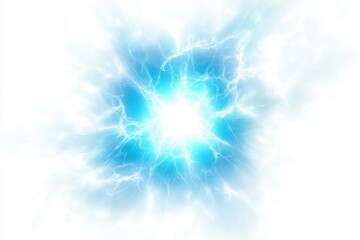 Bright blue-white electric energy burst with lightning arcs and radiant glowing core, explosive dynamic light conveying intense power and awe