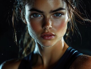 Close-up of athletic woman's shoulders and neck with wet hair and glistening water droplets, moody lighting conveying intensity and determination
