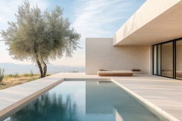 Minimalist modern house with overhanging roof, glass doors, sunlit pool and lounge beds beside a lone olive tree overlooking distant mountains, a calm serene poolside retreat