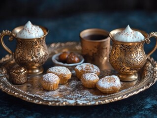 ornate golden coffee set with frothy cups, dark espresso cup, powdered‑sugar mini muffins and dates on an embossed tray, elegant warm and inviting scene