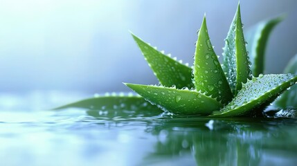 Close-up of green succulent leaves with water droplets resting on a calm reflective water surface evoking freshness and tranquility