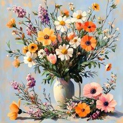 Bright bouquet of wildflowers in a pale ceramic vase with orange, pink and white blossoms on a soft blue background, cheerful springtime still life